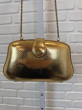 Vintage Gold Snakeskin Embossed Hard Case Evening Bag Chain Strap